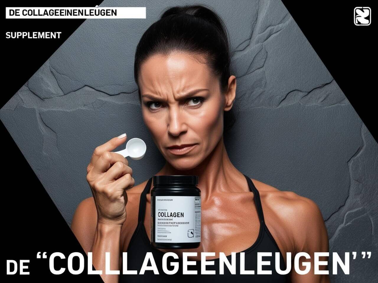Sceptische sportieve vrouw met collageenpot en lepel, visuele weergave van de collageenleugen en kritische blik op supplementmarketing