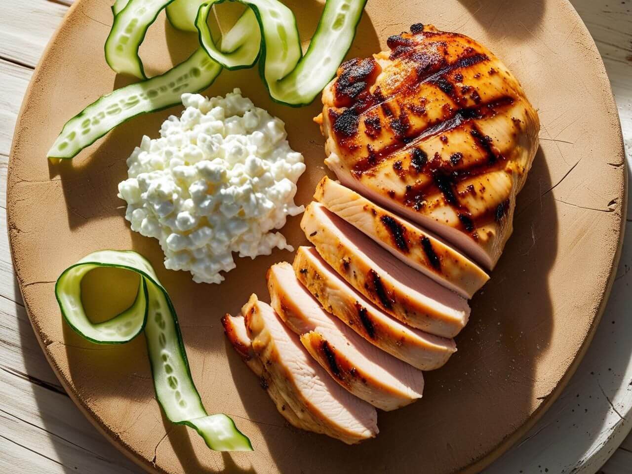 Gegrilde kipfilet met cottage cheese en komkommerlinten op een bord – eiwitrijk, low fat maaltijd voor spieropbouw