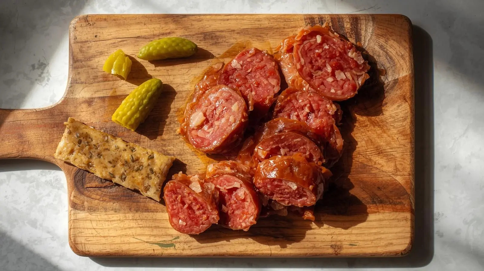 Foto van bovenaf van een makkelijke snack, osseworst met augurk en een eiwitreep.