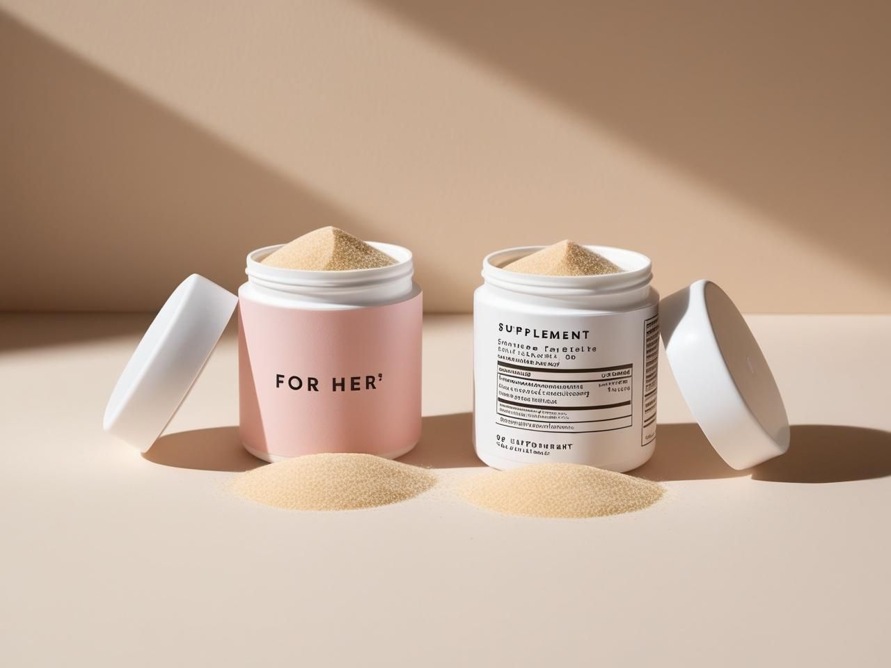 Twee supplementenpotten naast elkaar: links een roze pot met het label “For Her”, rechts een witte pot met transparante ingrediëntenlijst. Beide bevatten hetzelfde poeder, als visuele kritiek op de marketingtrucs achter vrouwensupplementen.