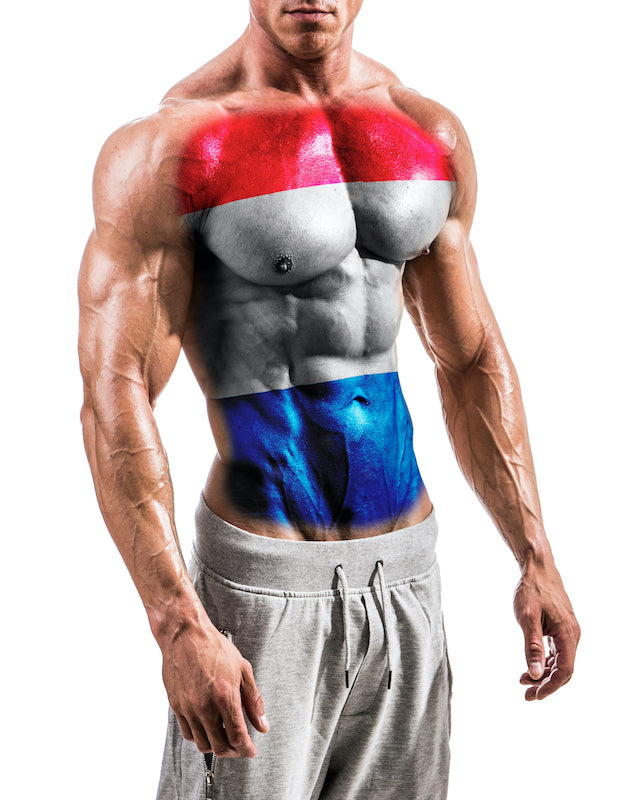 Spierkracht en sportprestatie met Nederlandse vlag bodypaint – symbool voor PACER als sport supplement merk uit Nederland