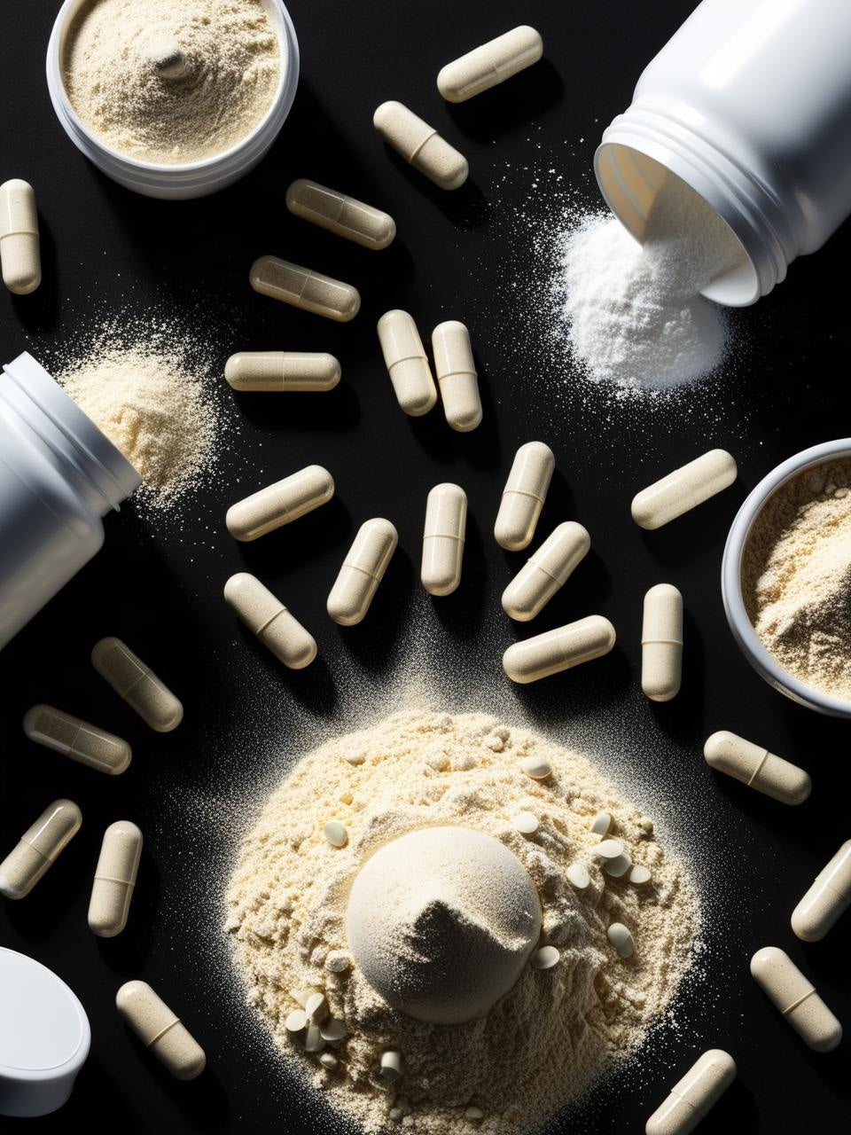 Close-up van pure ingrediënten voor sportsupplementen — poeder, capsules en tabletten als basis voor effectieve formules van PACER.