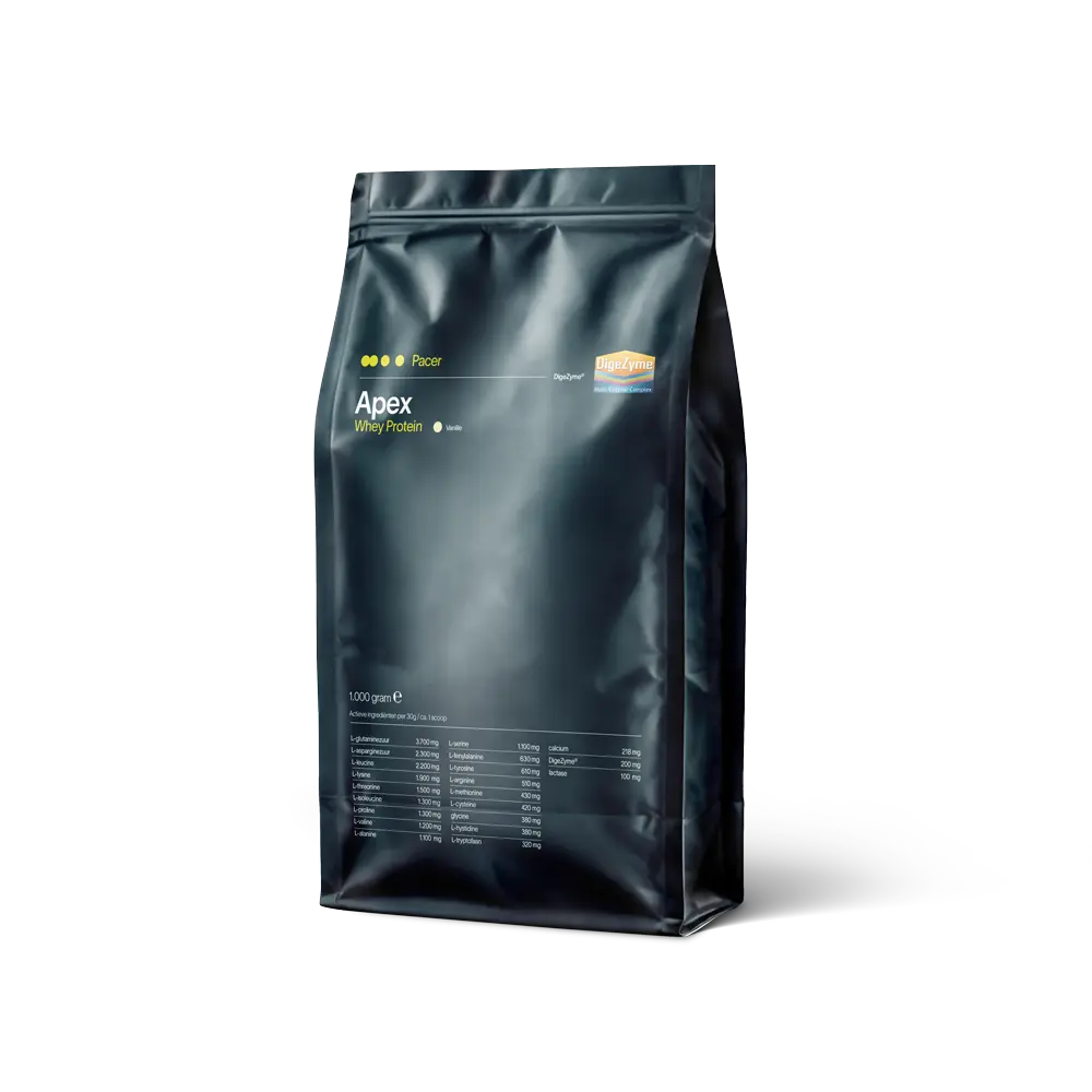 PACER APEX Whey eiwitpoeder – zuivere WPC-80 met Digezyme® en Lactase enzymen in matte zwarte pouch