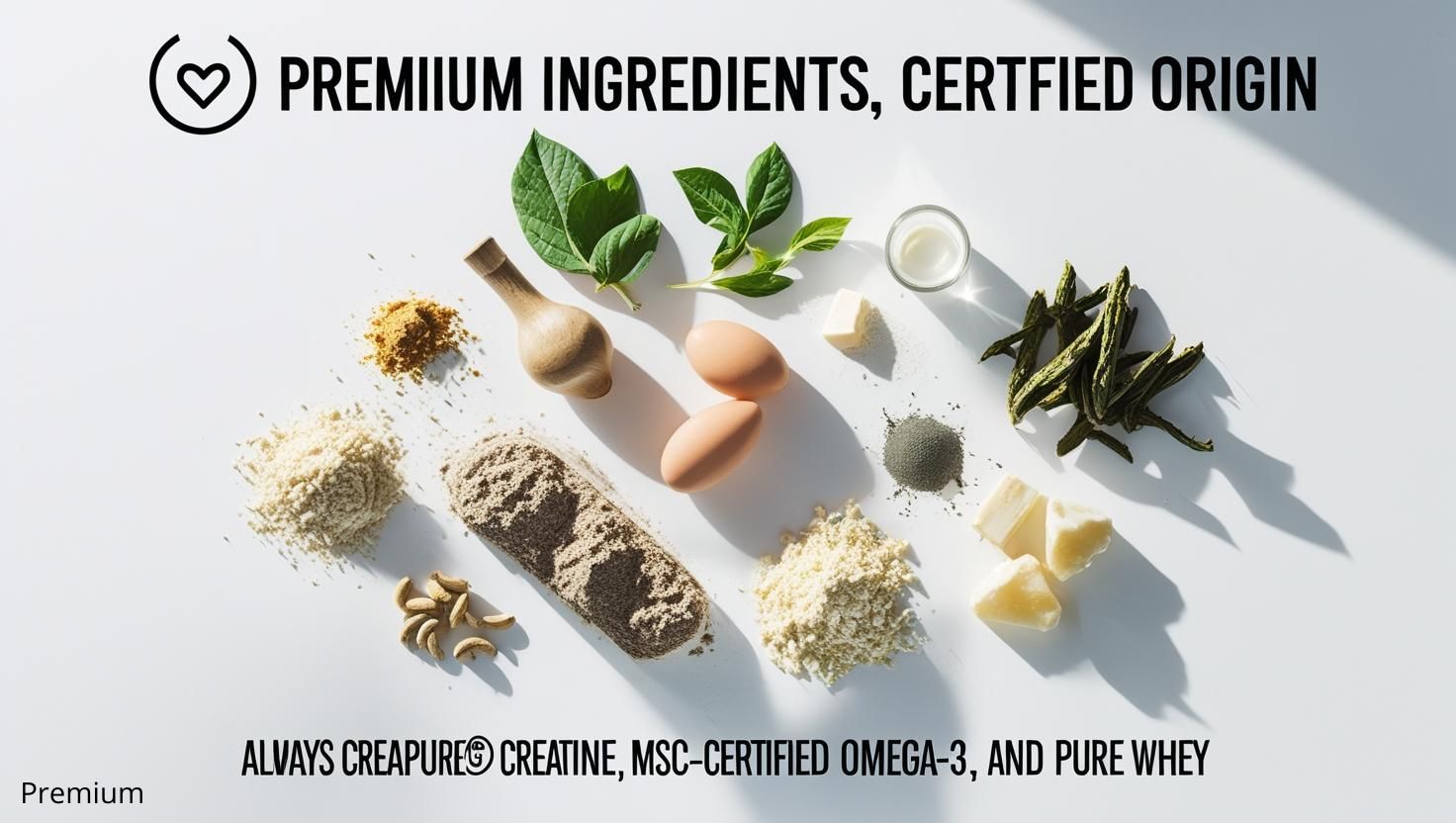 Premium supplement ingrediënten zoals Creapure creatine, MSC-gecertificeerde omega-3 en pure whey van PACER Nutrition