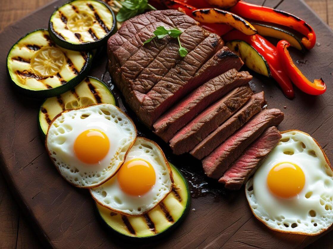 Bavette met gegrilde courgette, paprika en twee gebakken eieren op houten plank – eiwitrijke maaltijd