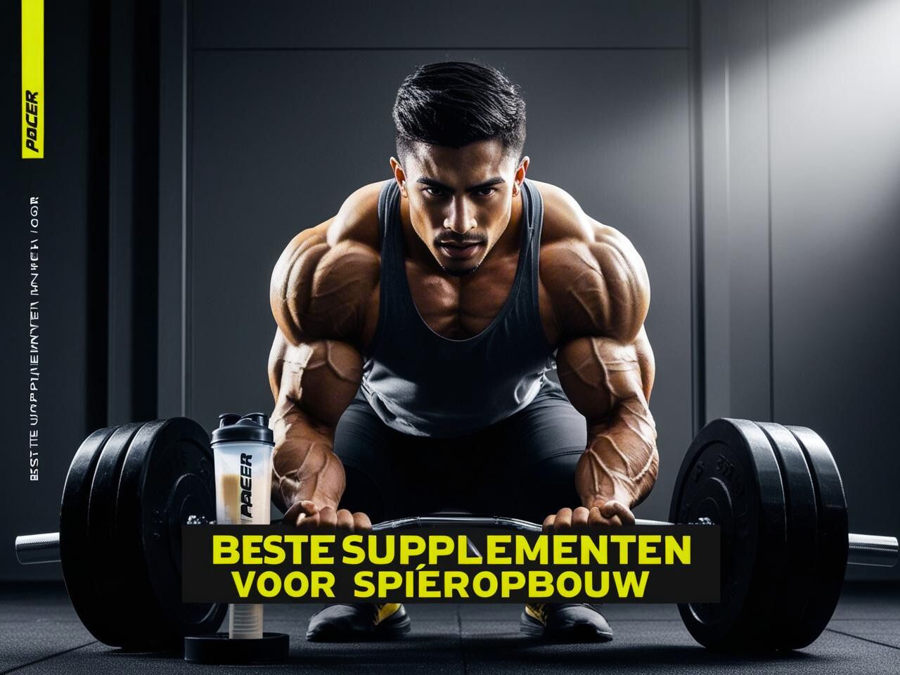 Bodybuilder in sportschool klaar om te deadliften met PACER shaker – visuele weergave van kracht, spiergroei en supplementgebruik