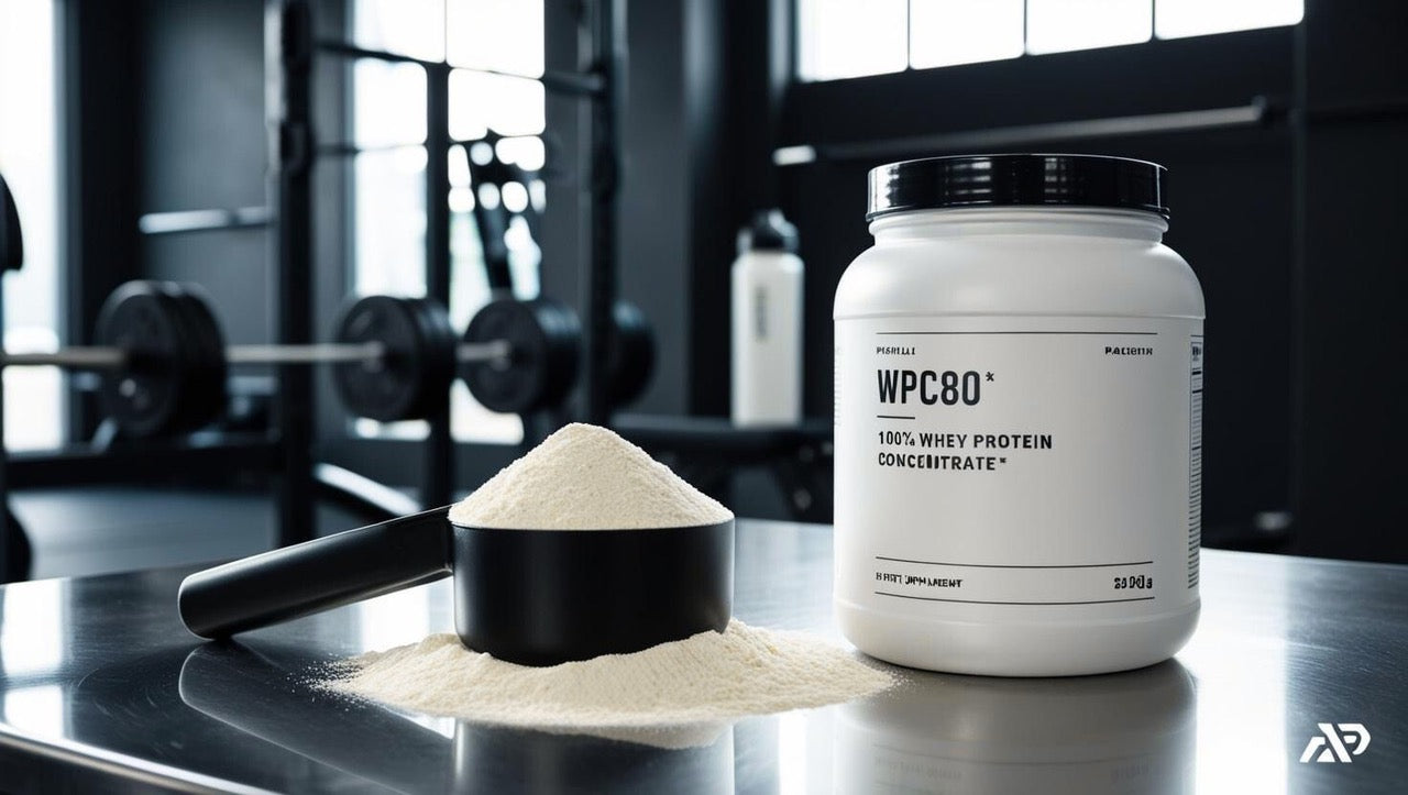 pot ppc 80 whey eiwit met ernaast een grote scoop vol met whey eiwitpoeder en in de achtergrond een lege sportschool met fitness apparatuur 