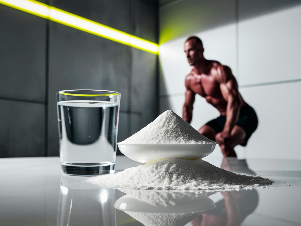 Glas met water op een tafel, ernaast een schotel met een bergje pure creatine monohydraat erop en op de achtergrond een gespierde sportman zonder shirt die een squat doet zonder gewichten