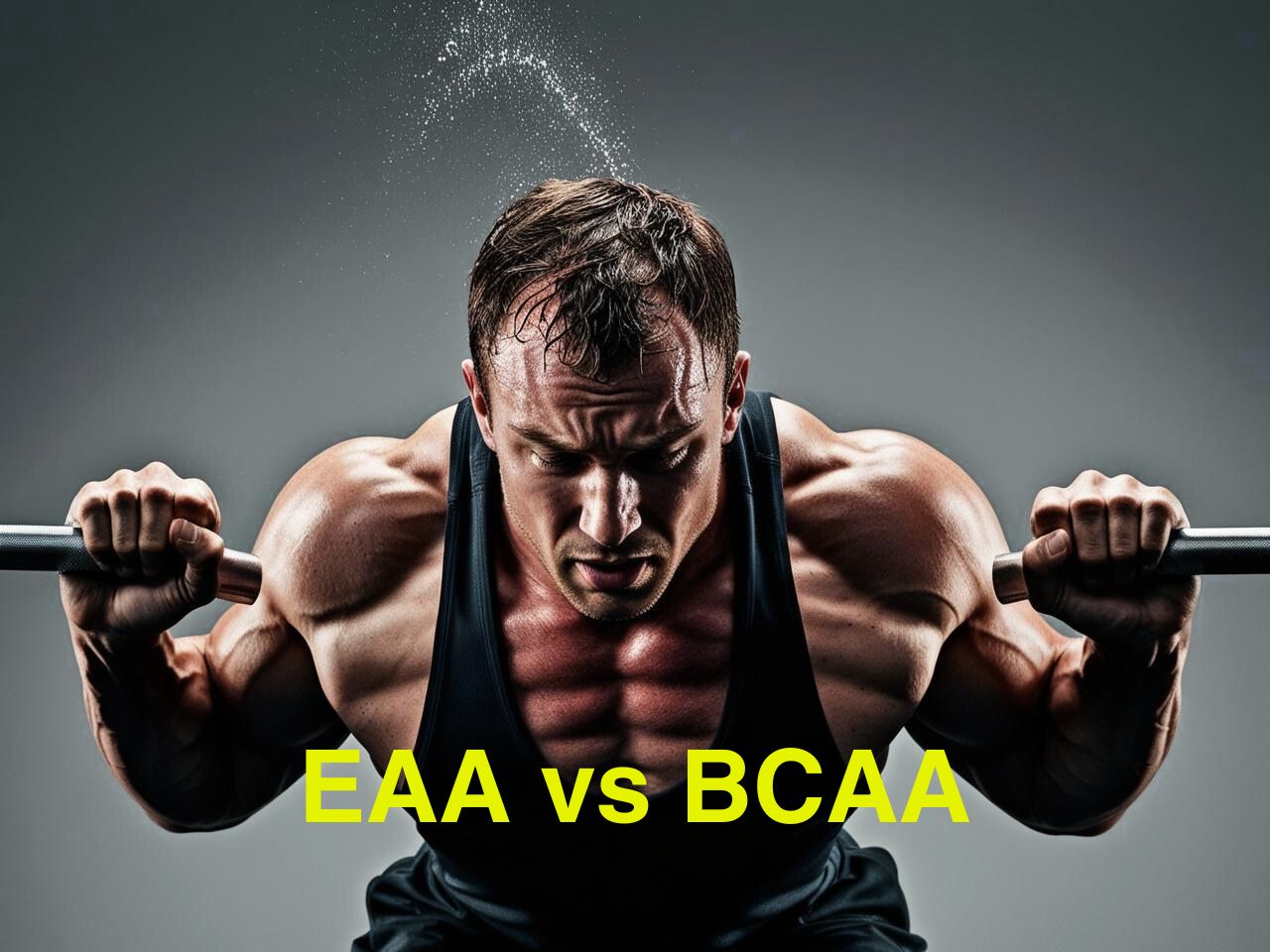 Gespierde man in tanktop erg bezweet is aan een zware training bezig  op de foto staat EAA vs BCAA
