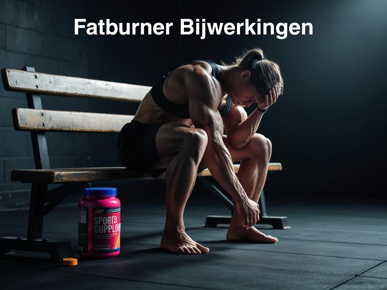 Gespierde atlete zit uitgeput op een bankje in een donkere gym, met haar hoofd in haar hand en een pot supplementen naast zich. Beeld toont de mentale bijwerkingen van fatburners en pre-workouts.