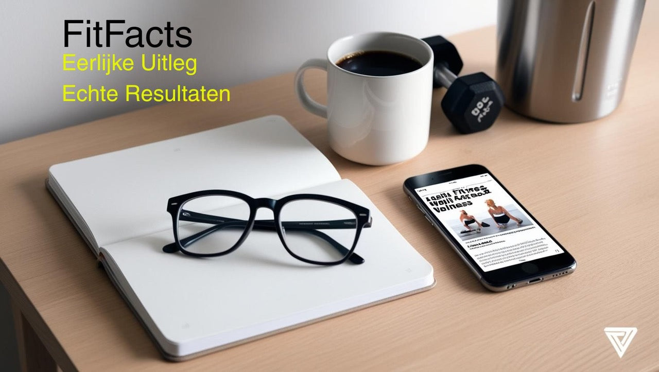 Start je supplementenonderzoek met FitFacts – eerlijke uitleg, echte resultaten. Beeld van notitieboek, bril, koffie, en smartphone met blog over gezondheid en fitness.