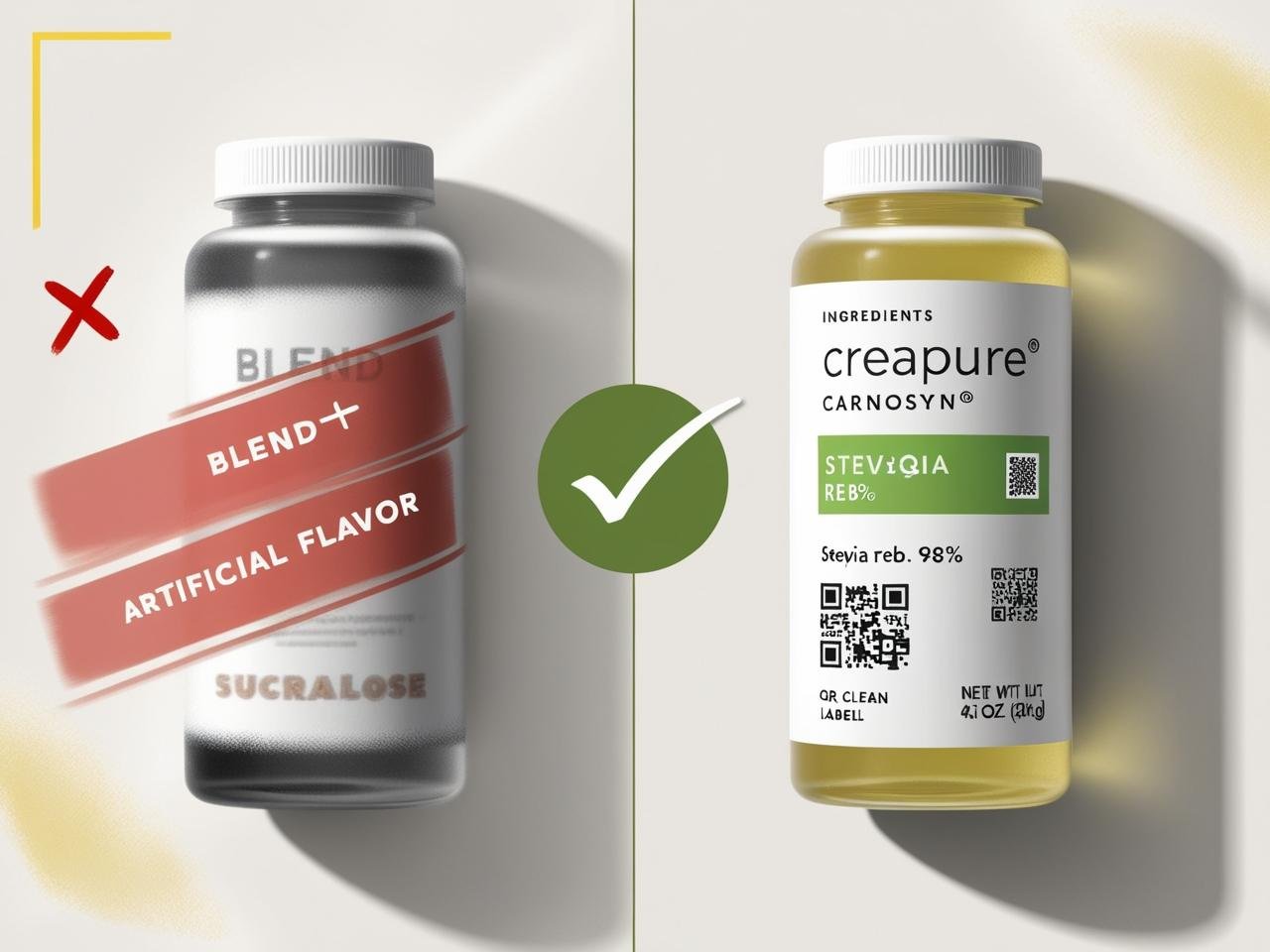 Foto met links een foto van een pot supplementen met blends en onnatuurlijke smaakstoffen en een rood krijs ernaast, rechts een por creapure, volledig puur supplement om aan te geven wat goede en slechte supplementen zijn.