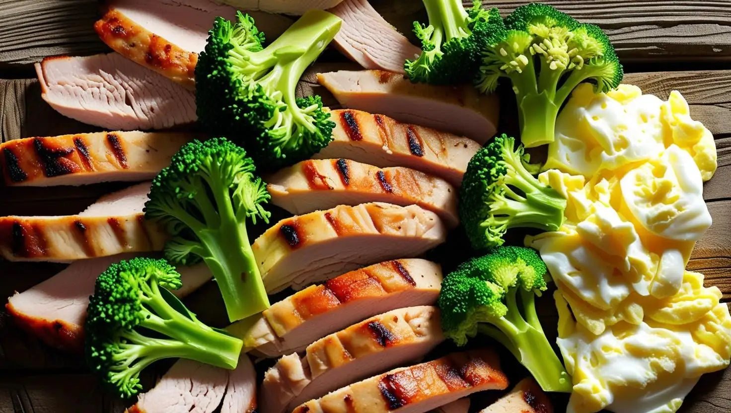 Bovenaanzicht van gegrilde kalkoenfilet met broccoli en roerei op houten snijplank – eiwitrijk PACER recept