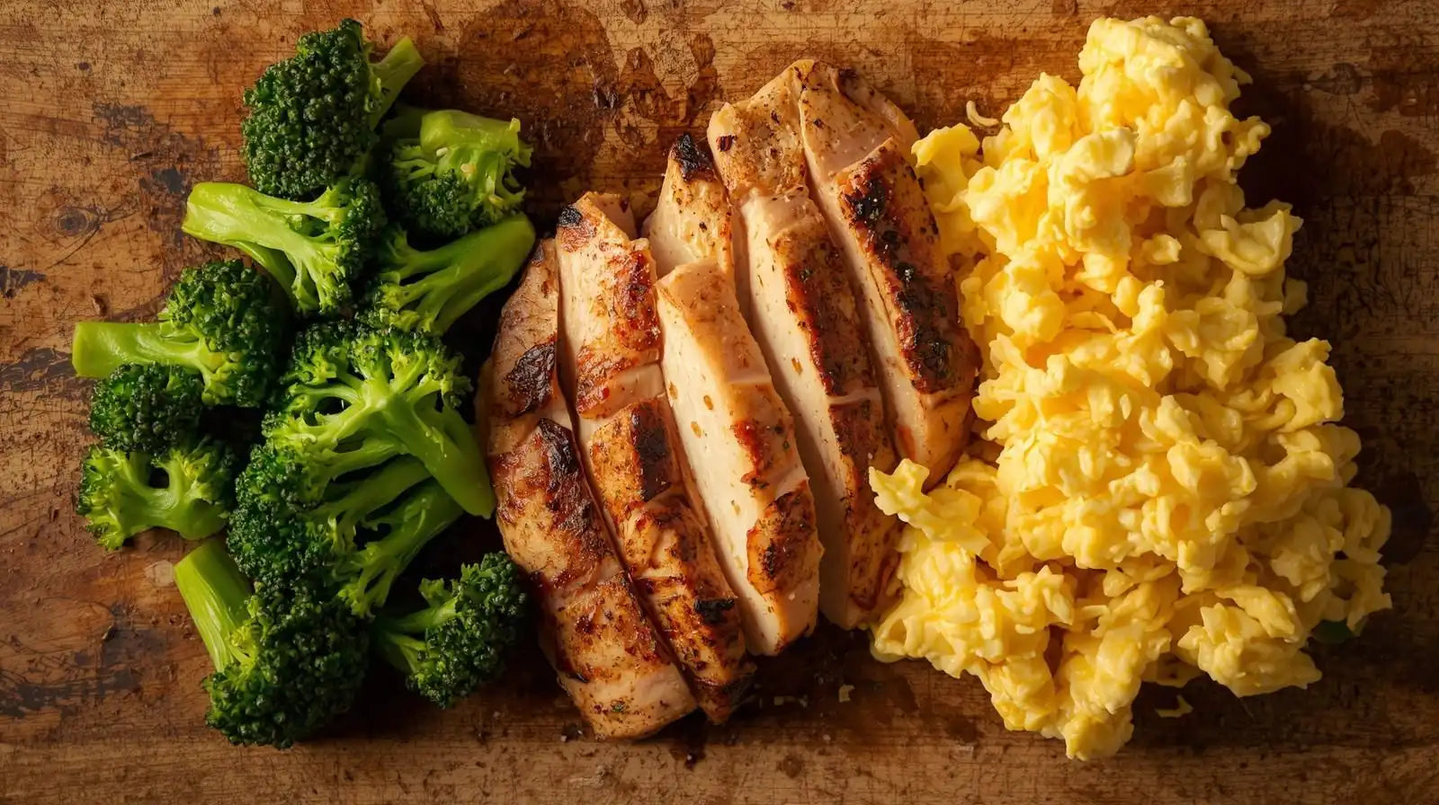 Bovenaanzicht van gegrilde kalkoenreepjes met broccoli en roerei op houten snijplank – eiwitrijke clean meal van PACER