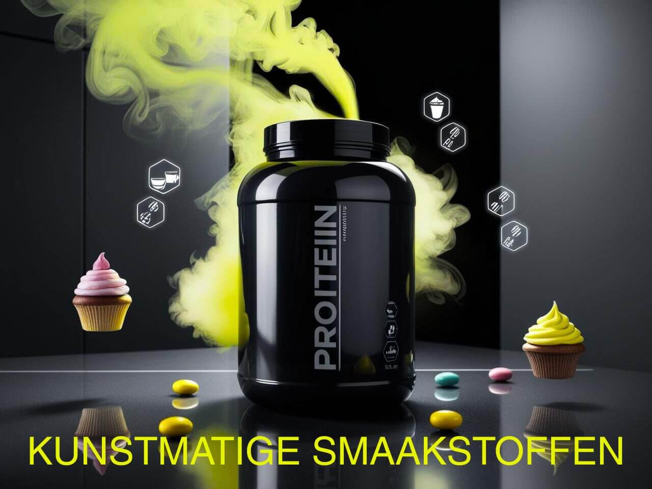 Zwarte pot proteïnepoeder omringd door kunstmatige geurwolk en cupcakes, als visualisatie van kunstmatige smaakstoffen in eiwitshakes – afbeelding bij PACER blog over chemische toevoegingen in supplementen