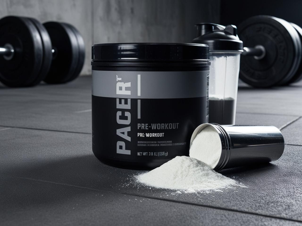 zwart/wit foto met een pot van een supplement, erop staat de naam pacer. Ernaast ligt een pot op zijn kant met poeder eruit en achter de potten dumbells en een eiwitshake beker.