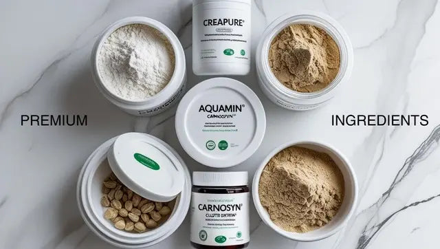 Premium supplement ingrediënten van PACER Nutrition zoals Creapure®, Aquamin® en Carnosyn® in pure poedervorm