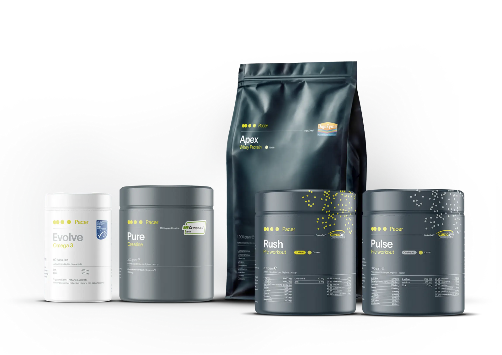 PACER supplementenlijn met APEX whey protein, PURE creatine, RUSH en PULSE pre workouts en EVOLVE omega-3 – complete sportvoedingslijn zonder onzin