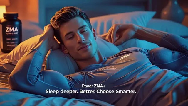 Man ontspannen in bed na het nemen van PACER ZMA+ supplement voor betere slaap en spierherstel