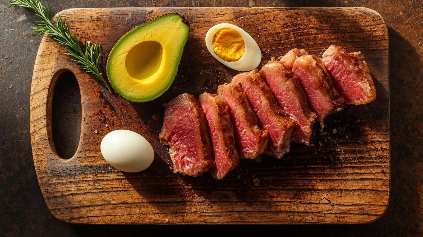 Bovenaanzicht van rosé gebakken tonijnsteak met halve avocado en hardgekookt ei op houten snijplank – PACER power lunch recept