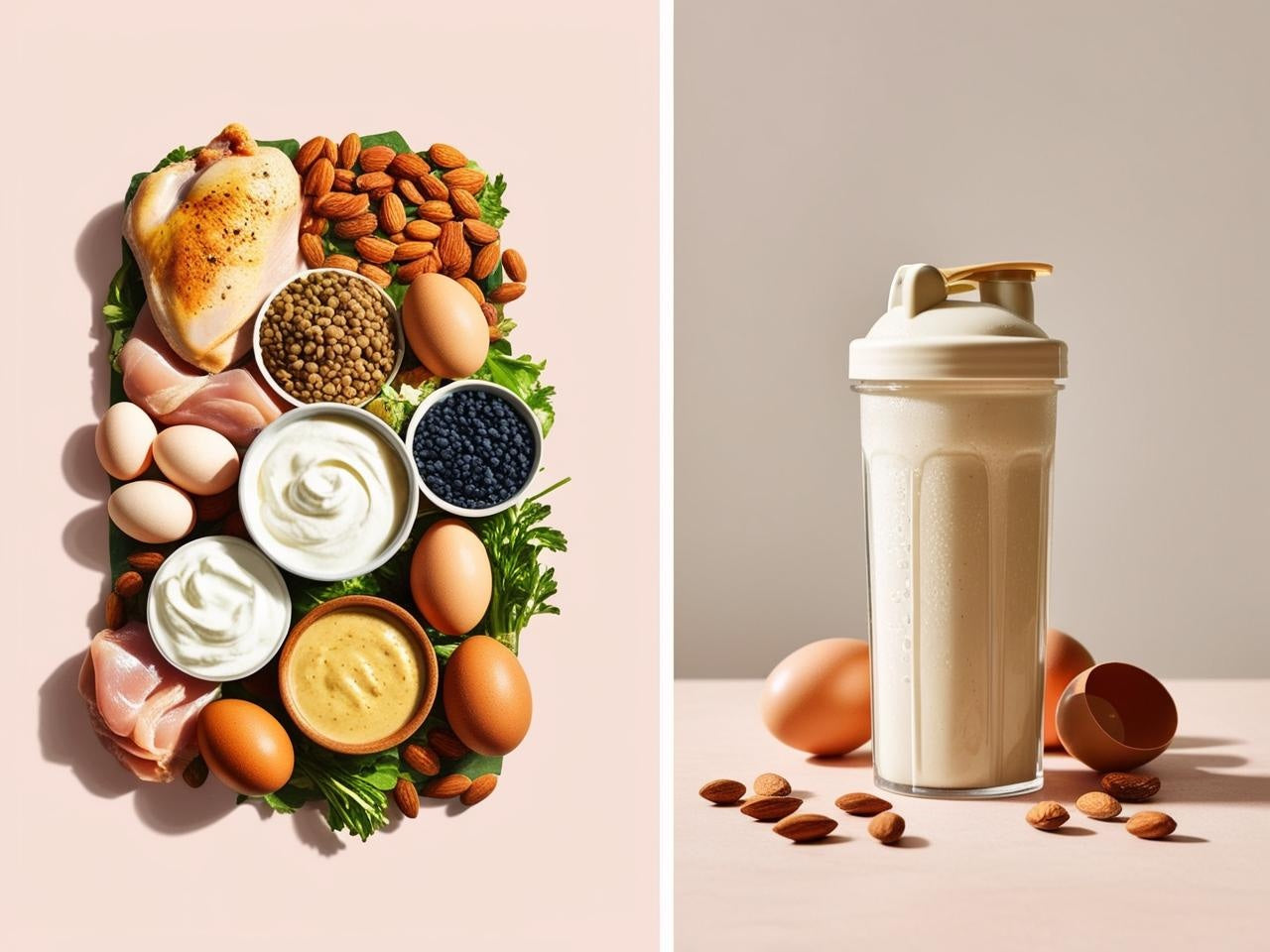 Een eiwitshake met eieren, noten en yoghurt rechts in beeld, tegenover een selectie van natuurlijke eiwitrijke voeding zoals kip, eieren, zaden en zuivel aan de linkerkant. Visuele vergelijking tussen supplementen en echte voeding gericht op vrouwen.