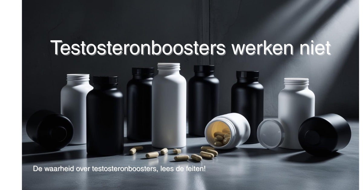 Afbeelding van supplementenpotjes en pillen met de boodschap dat testosteronboosters niet werken – visuele ondersteuning bij PACER’s kritische blog over testosteron.