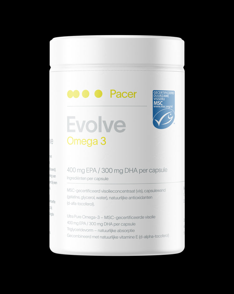 PACER EVOLVE Omega 3 – product mock-up pot met MSC-logo en dosering EPA/DHA