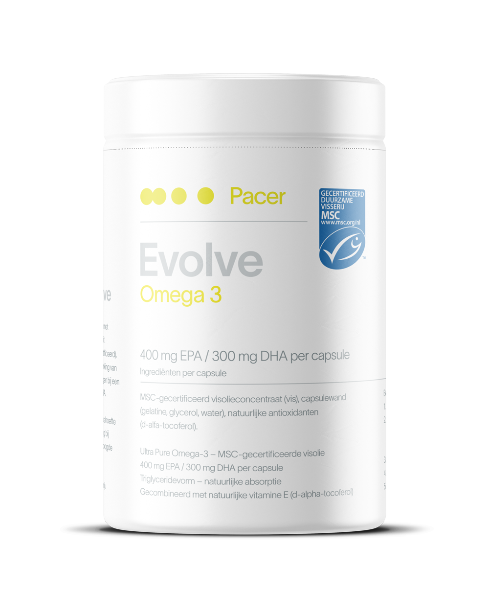 pacer evolve, omega 3 productafbeelding inclusief het MSC certificeringslogo