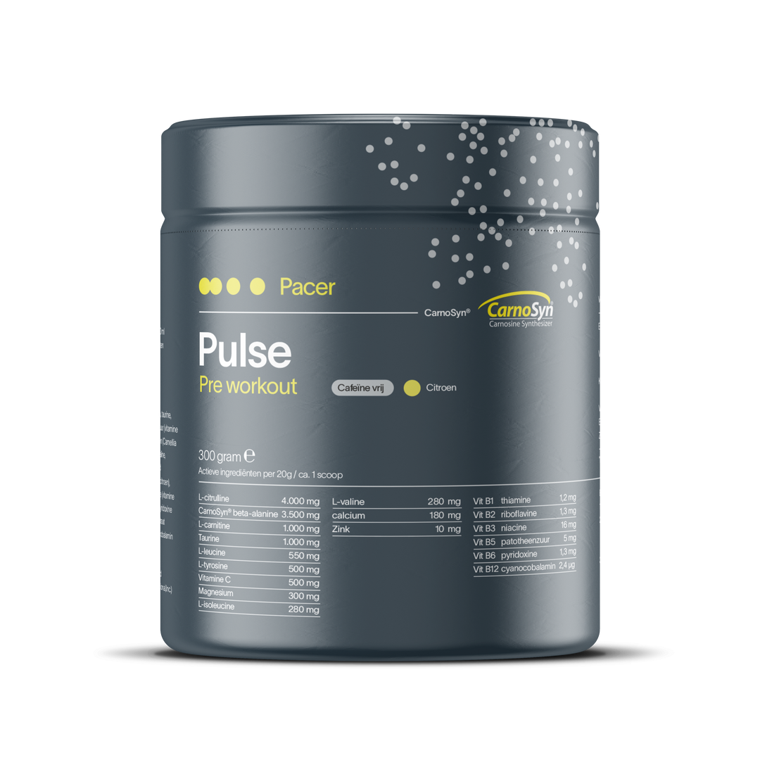 PACER PULSE pre workout zonder cafeïne – natuurlijke formule met citrulline, CarnoSyn beta-alanine en Carnipure L-carnitine.