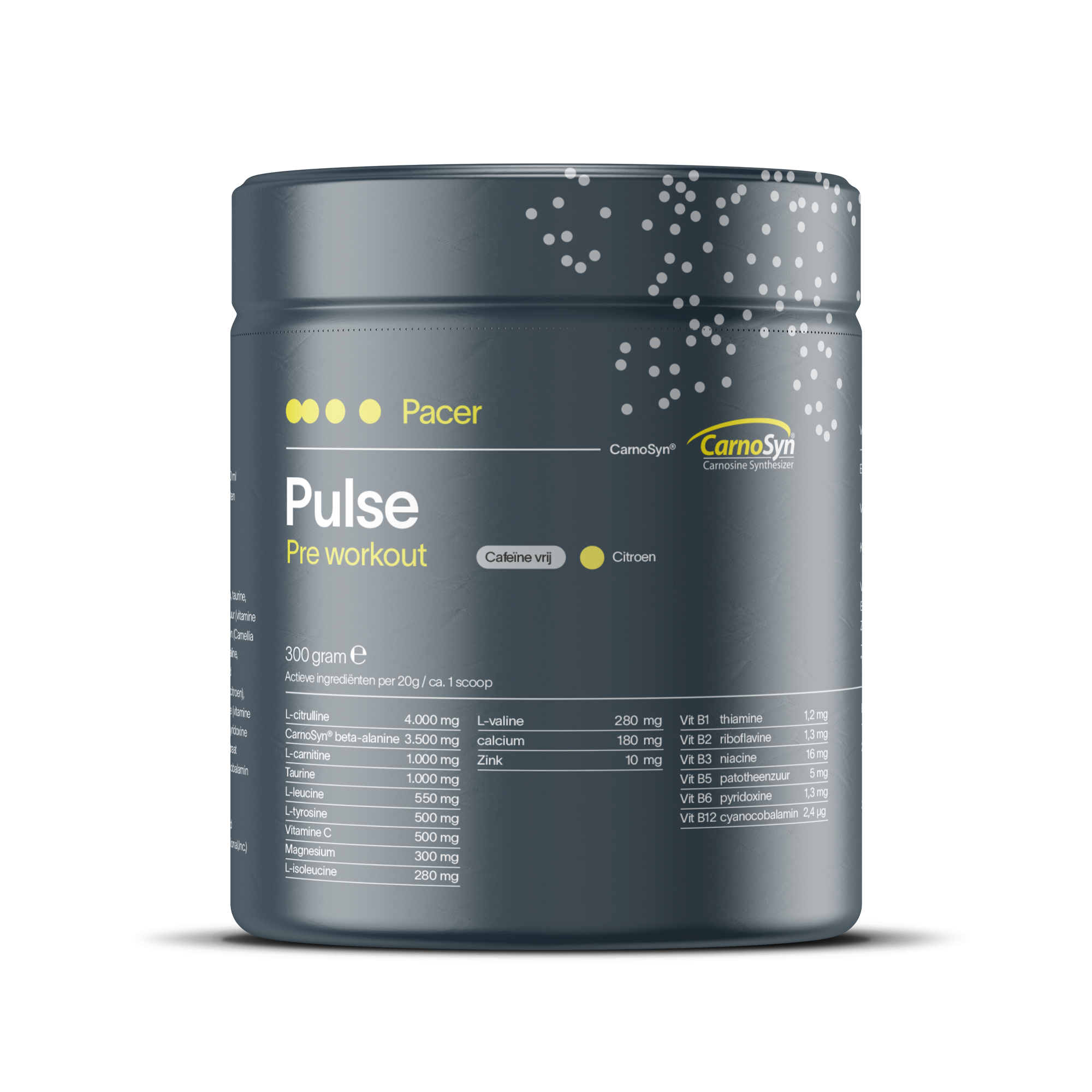 PACER PULSE pre workout zonder cafeïne – natuurlijke formule met citrulline, CarnoSyn beta-alanine en Carnipure L-carnitine.