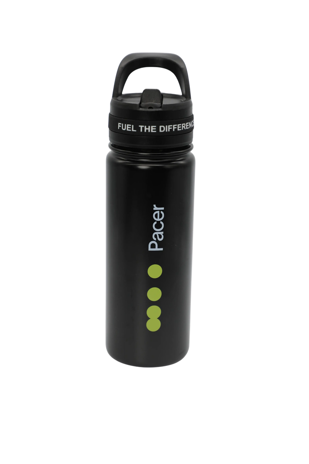 Zwarte PACER Flow thermofles 550 ml met ingebouwd rietje en slogan ‘Fuel The Difference’ op de dop