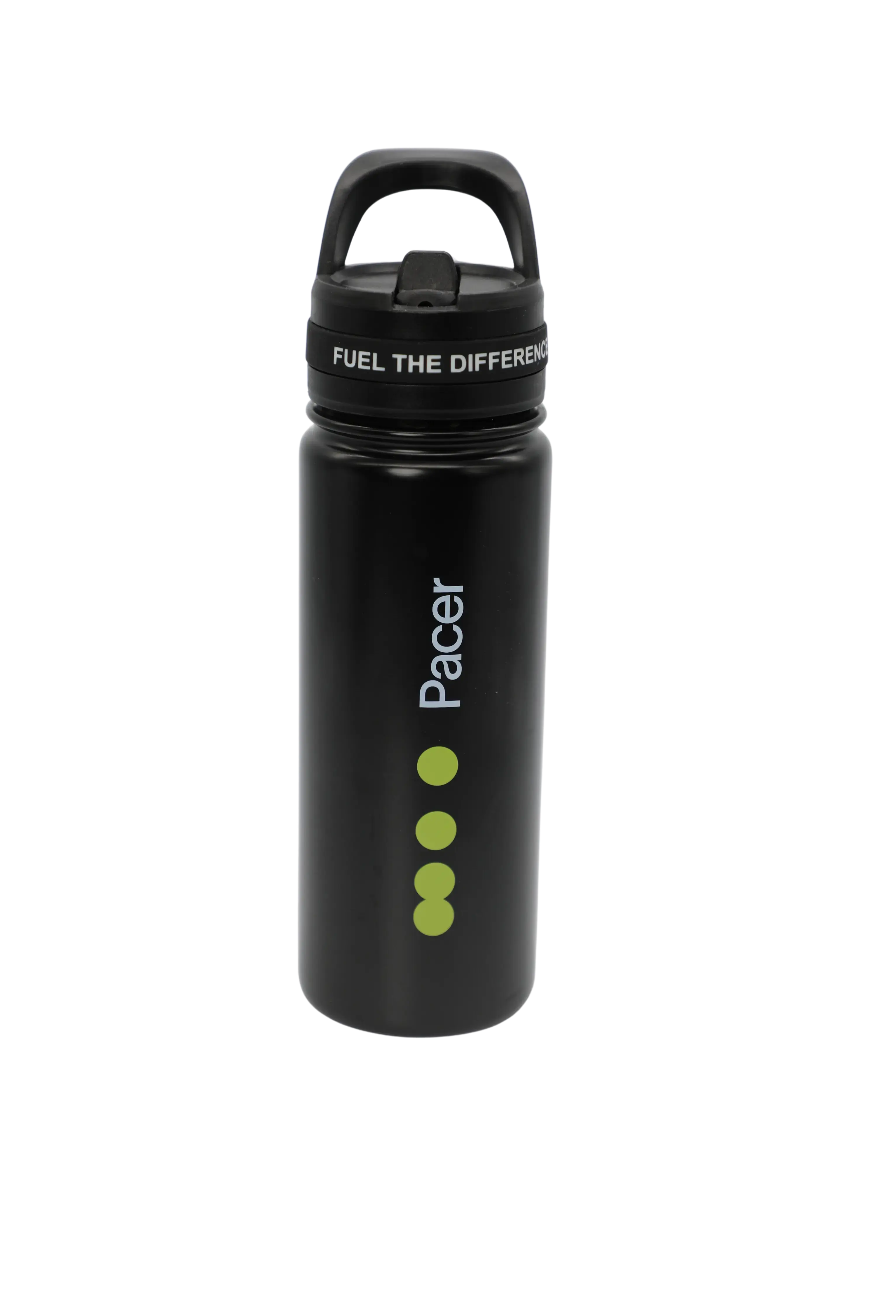 Zwarte PACER Flow thermofles 550 ml met ingebouwd rietje en slogan ‘Fuel The Difference’ op de dop
