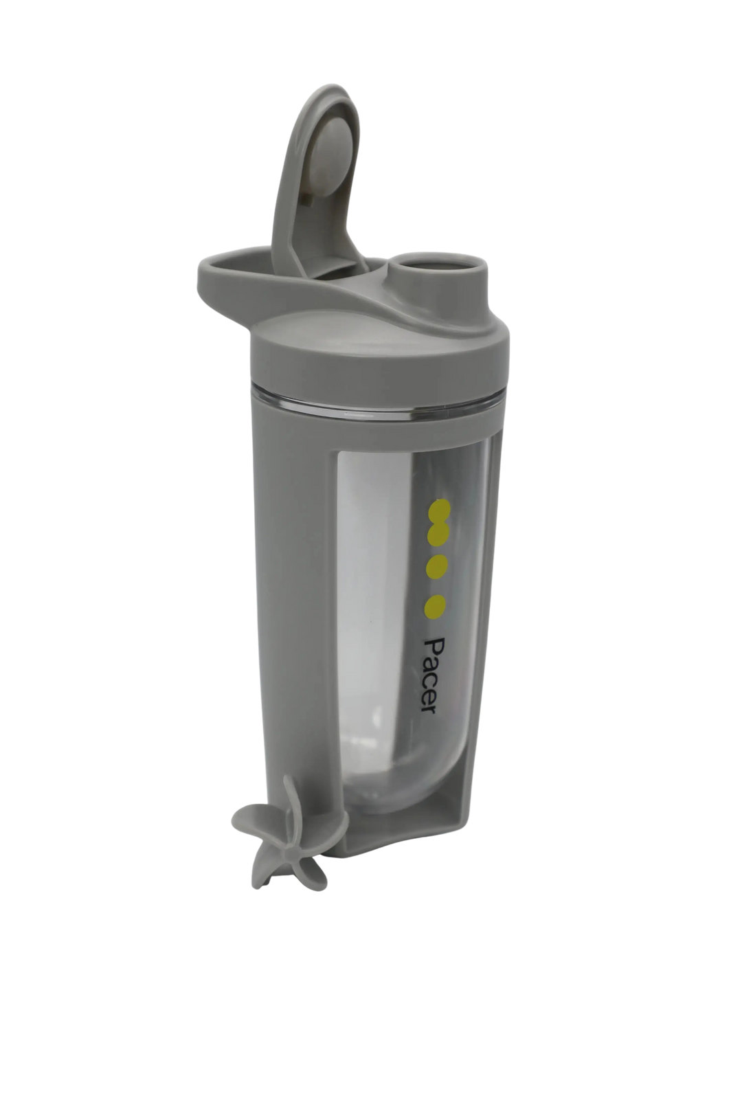 Lege grijze PACER shaker met logo en mengprop – dop open, klaar voor gebruik