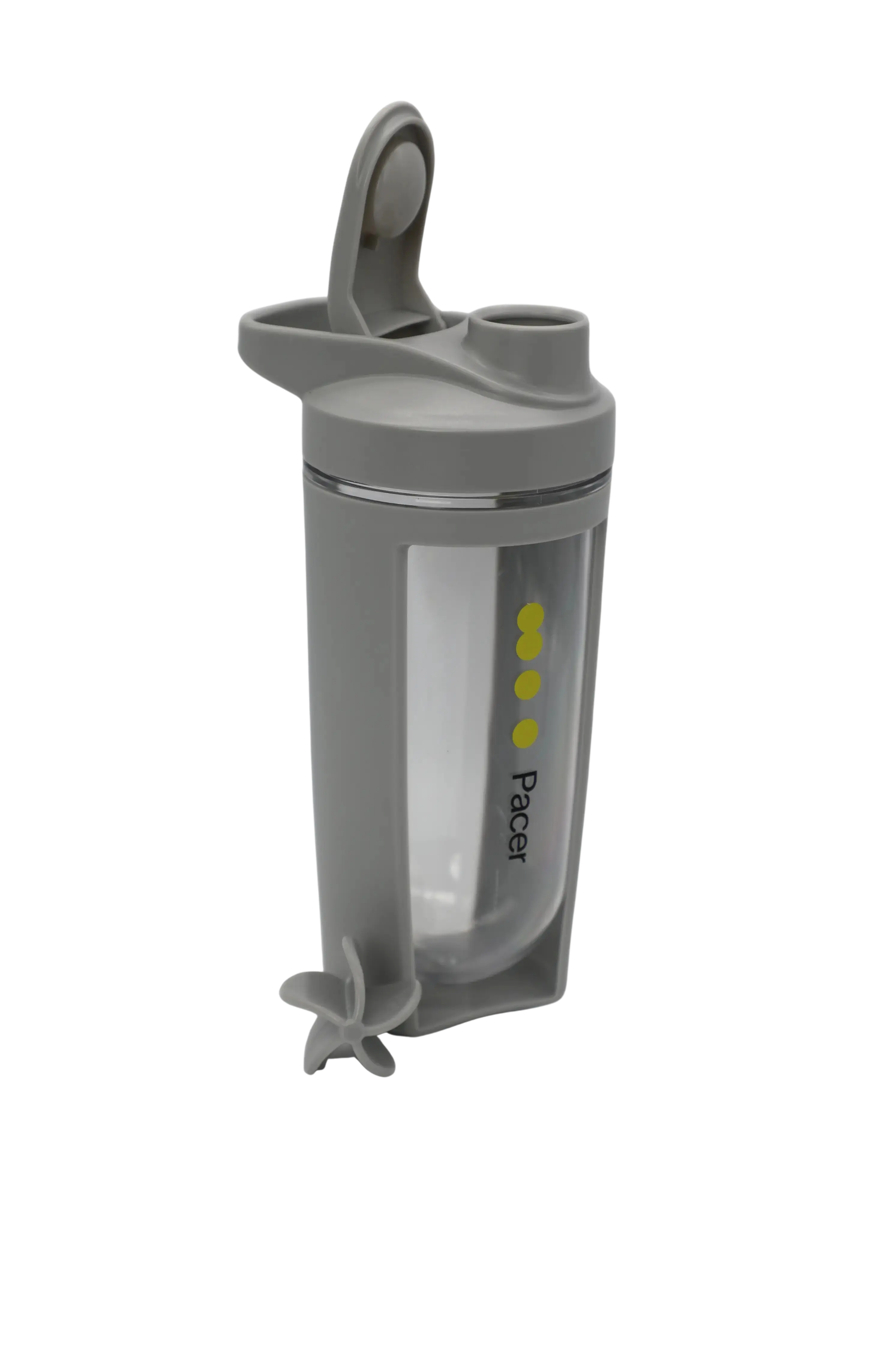 Lege grijze PACER shaker met logo en mengprop – dop open, klaar voor gebruik